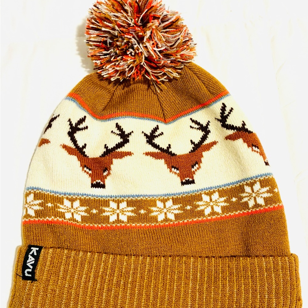 Kavu Herschel Tan Deer Pattern Pom Beanie